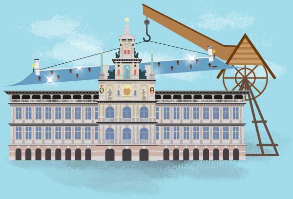 illustratie van het stadhuis met vernieuwd dak