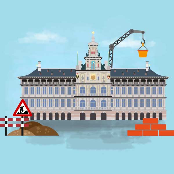 illustratie van het stadhuis voor de restauratie