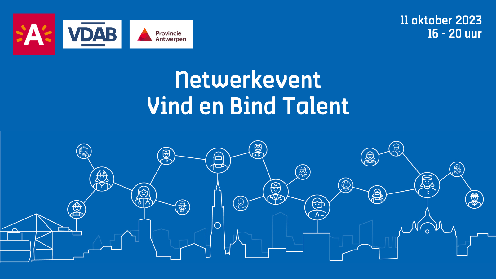 Illustratie met de skyline van Antwerpen waarbij mensen die verschillende jobs beoefenen met elkaar verbonden worden. 