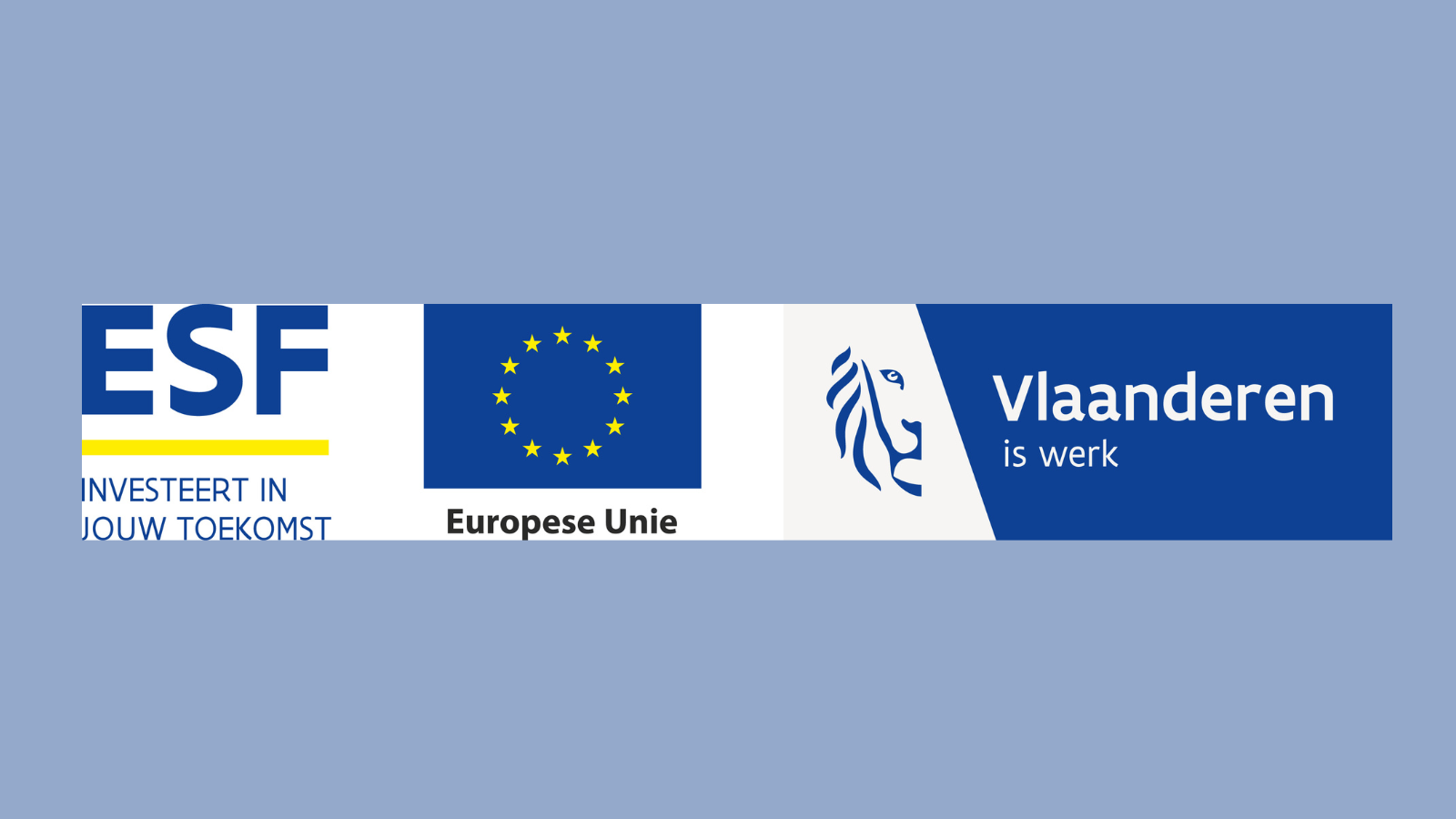 Het logo van Europa, Vlaanderen en het Europees Sociaal Fonds vormen samen de verplichte logobanner bij elke communicatie over de gemeenschapsdienst. 
