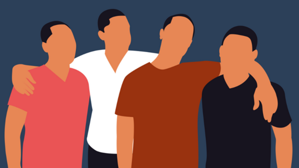 Illustratie van 4 mannen die elkaar omarmen