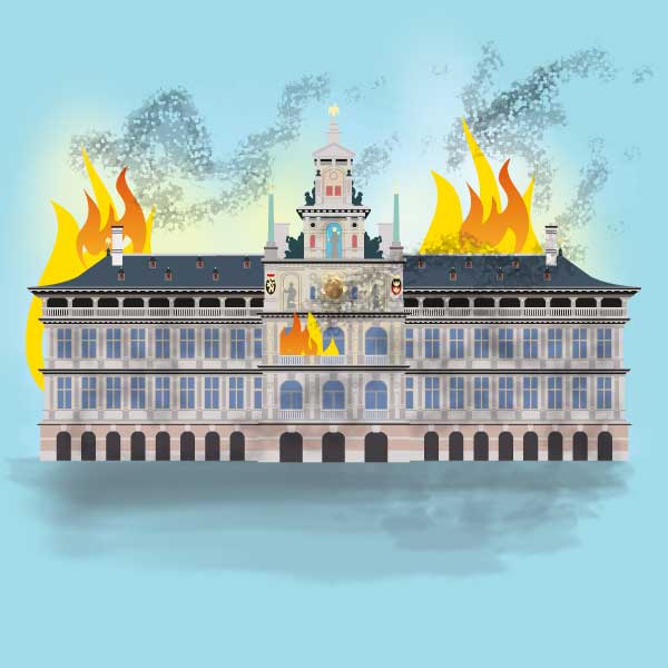 illustratie van het brandende stadhuis